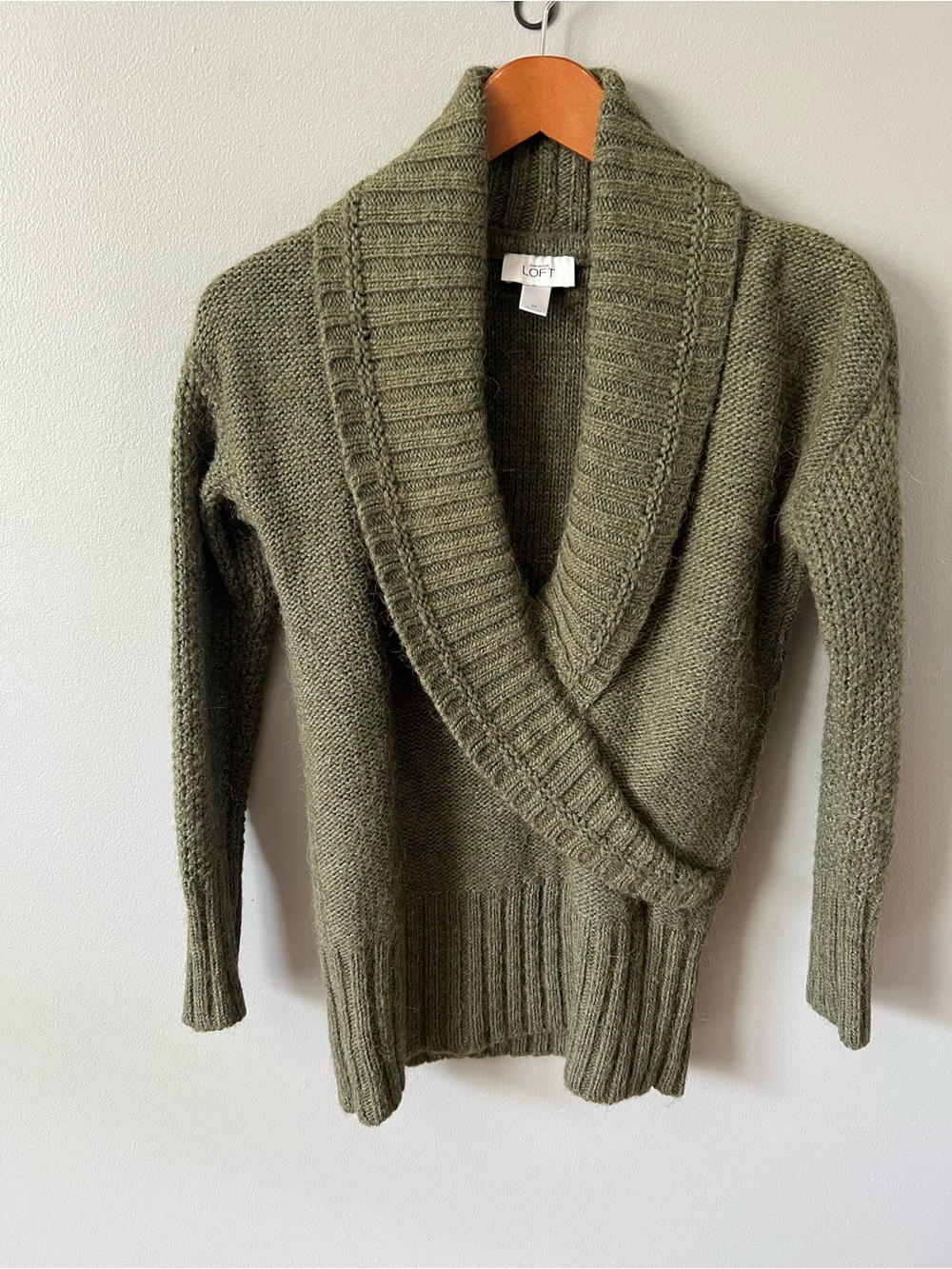 LOFT Olive Green Shawl Collar Deep V Neck Wrap Knit Sweater Alpaca Wool Blend M